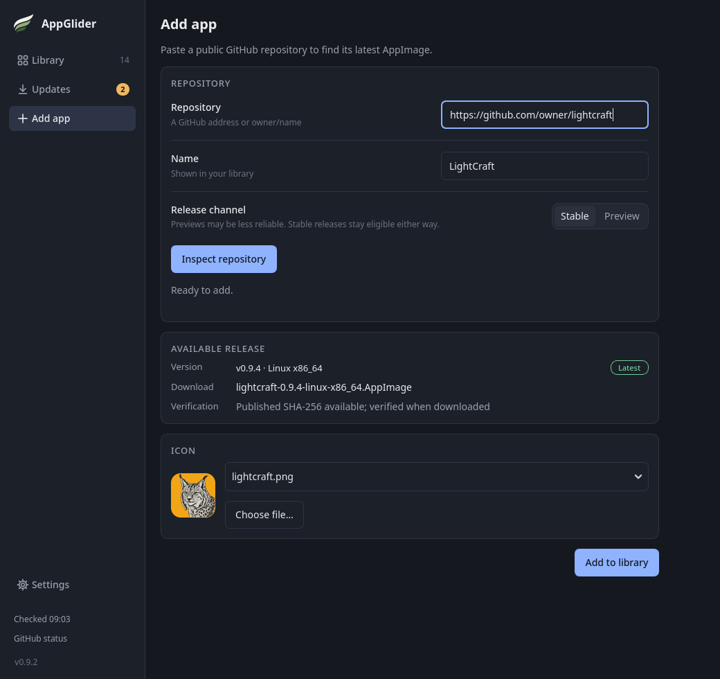 The Add app page, after inspecting a GitHub repository, showing the release and build that AppGlider found.
