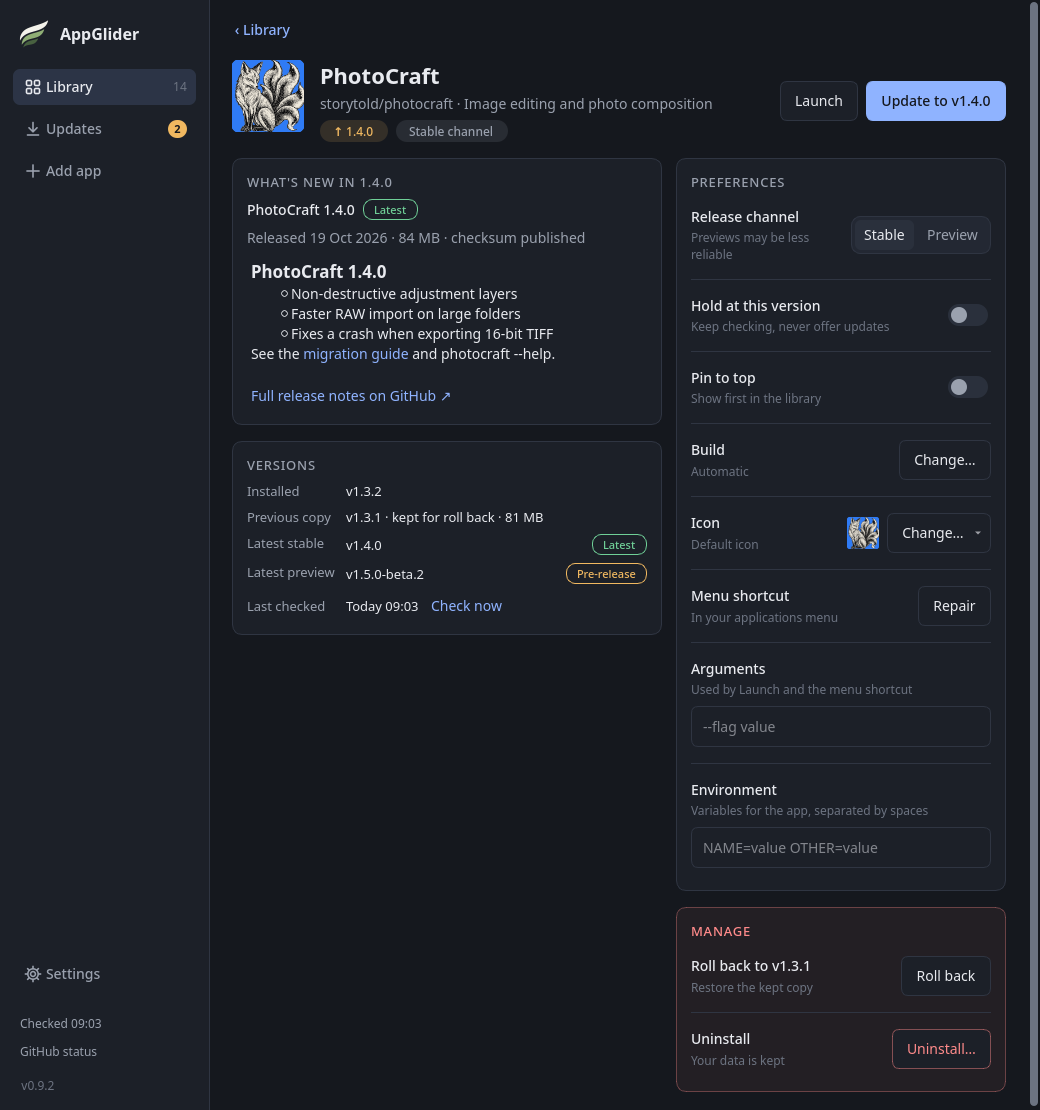 An app's page with release notes and versions on the left, and preferences and a Manage section with Roll back and Uninstall on the right.