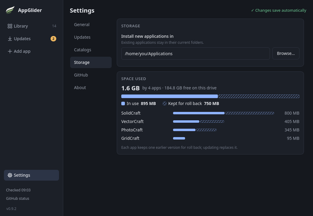 Settings, Storage section. A bar splits disk space between versions in use and copies kept for roll back, with each app listed below.