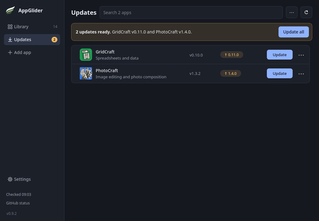 The Updates page shows only the apps with a newer version, with an Update all button in a banner above them.